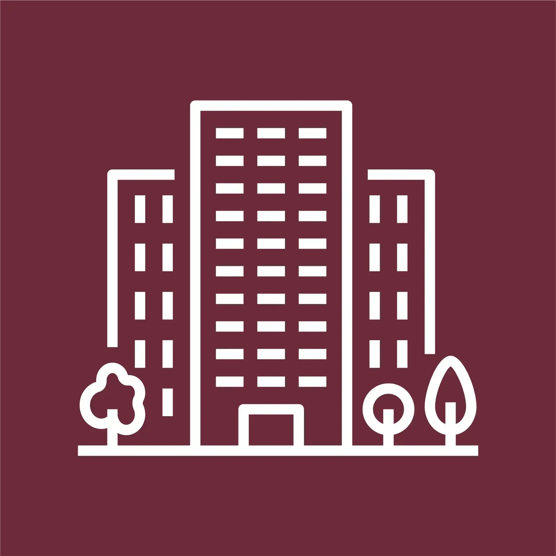 A line drawing of a city with buildings and trees.