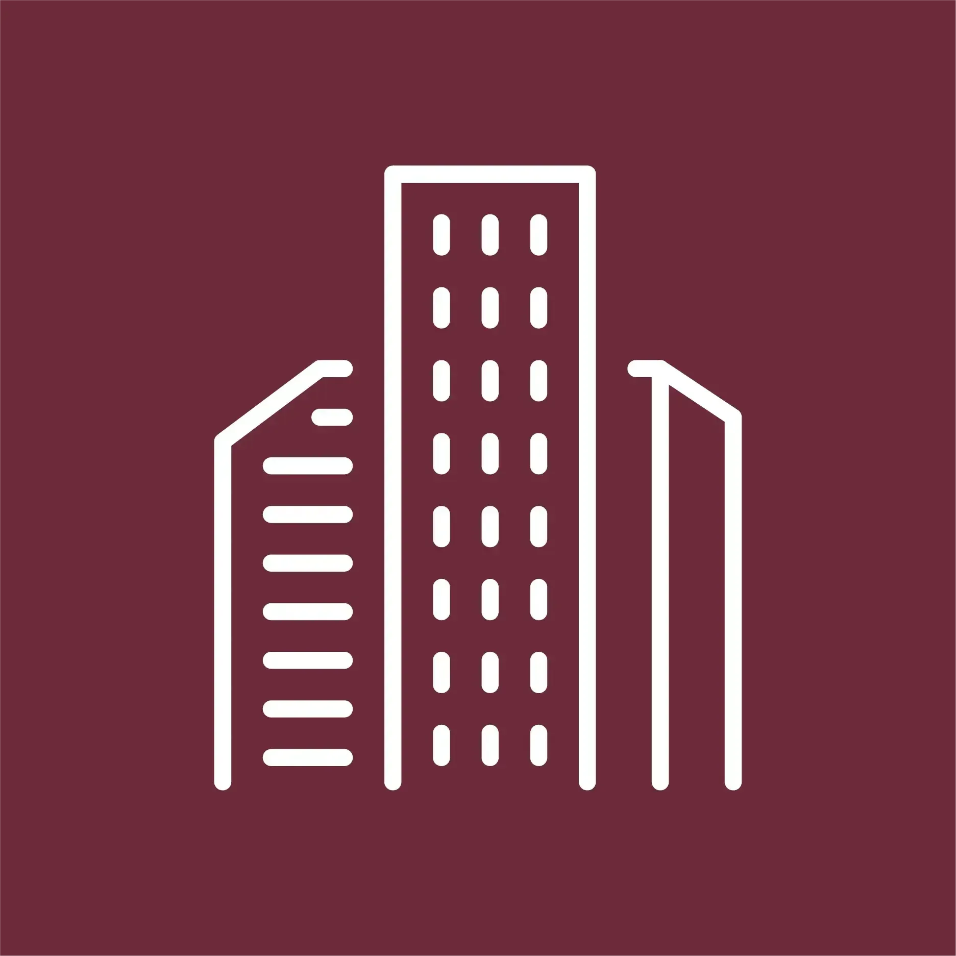 A white line drawing of a building on a maroon background.