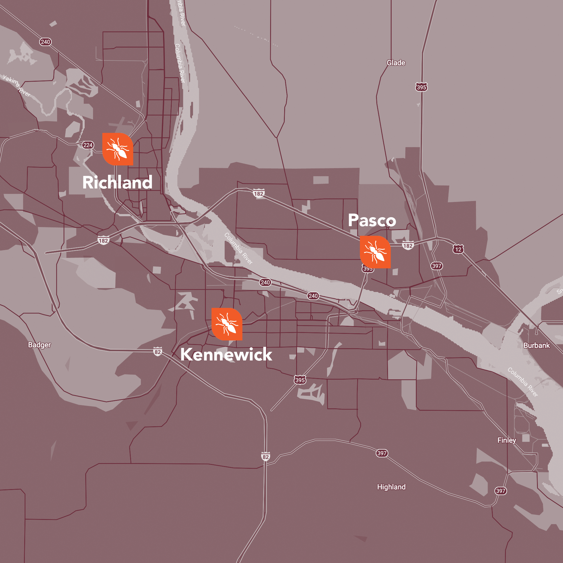 A map showing the location of richland pasco and kennewick