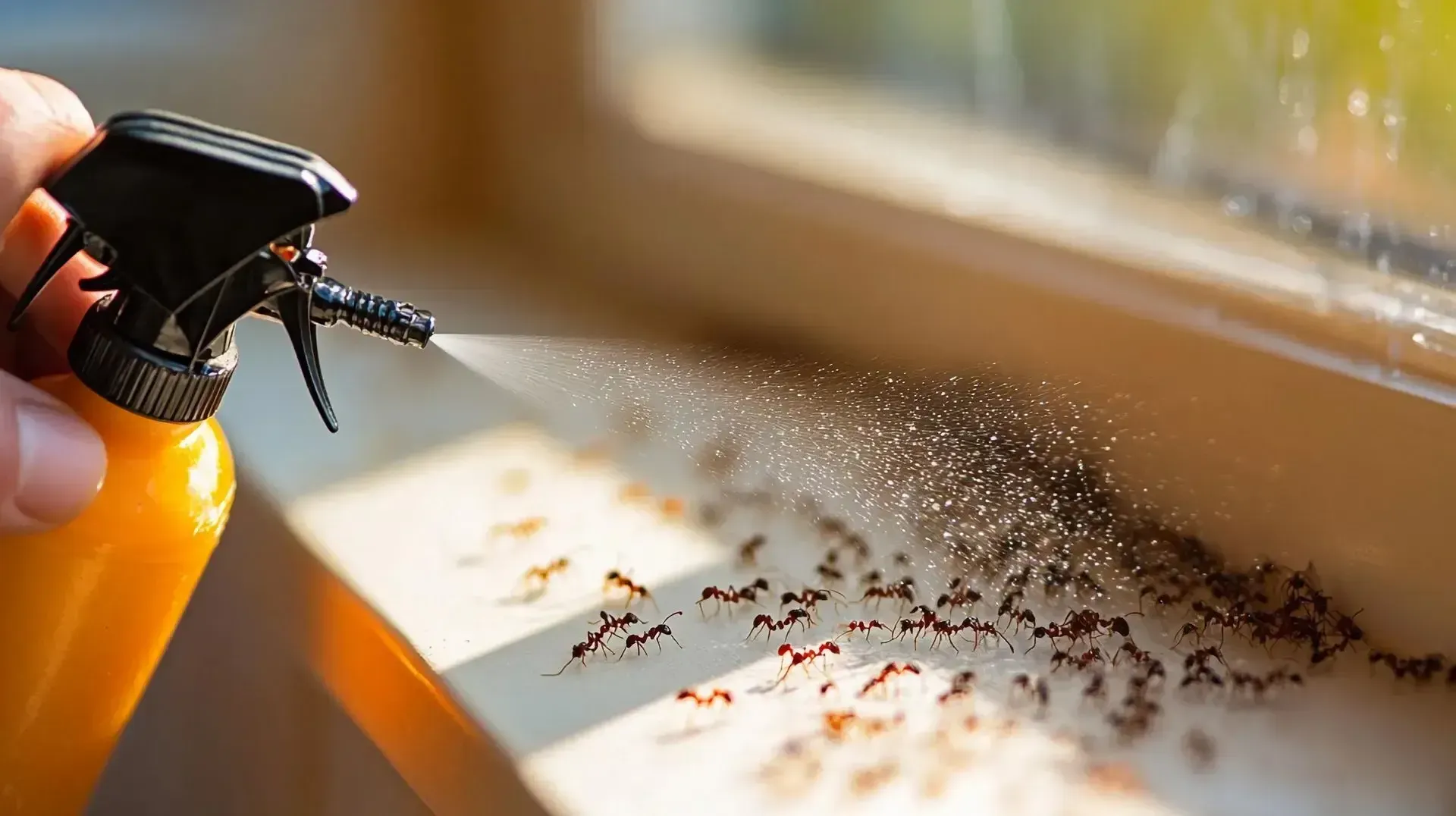 A person sprays ants on the windowsill