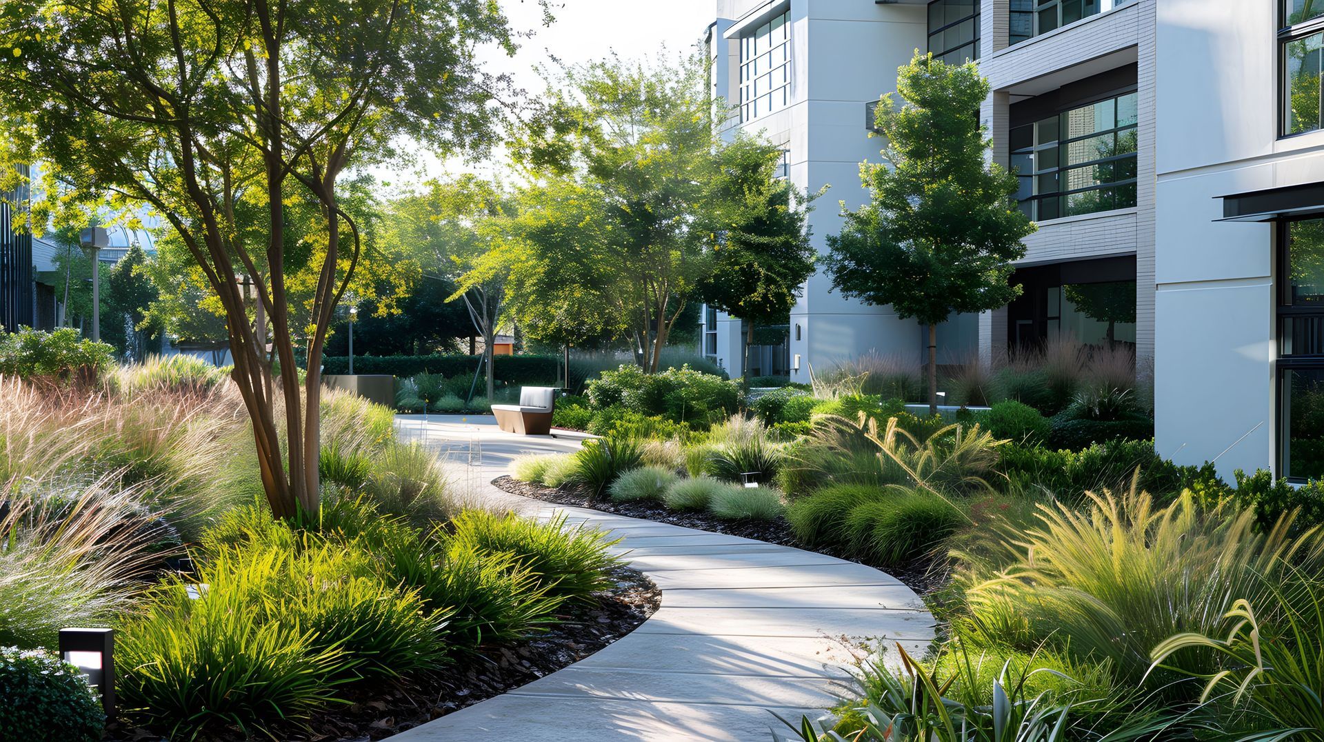 a cement walkway around a building with greenery