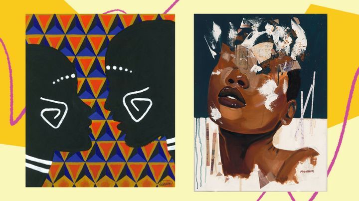 Two paintings of a woman with a crown on her head.