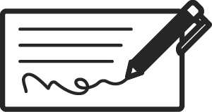 A pencil is writing on a check with a signature.