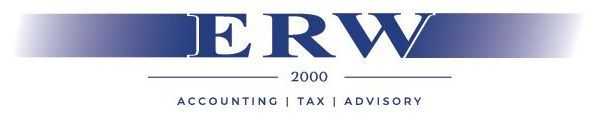 A blue and white logo for erw accounting and advisory