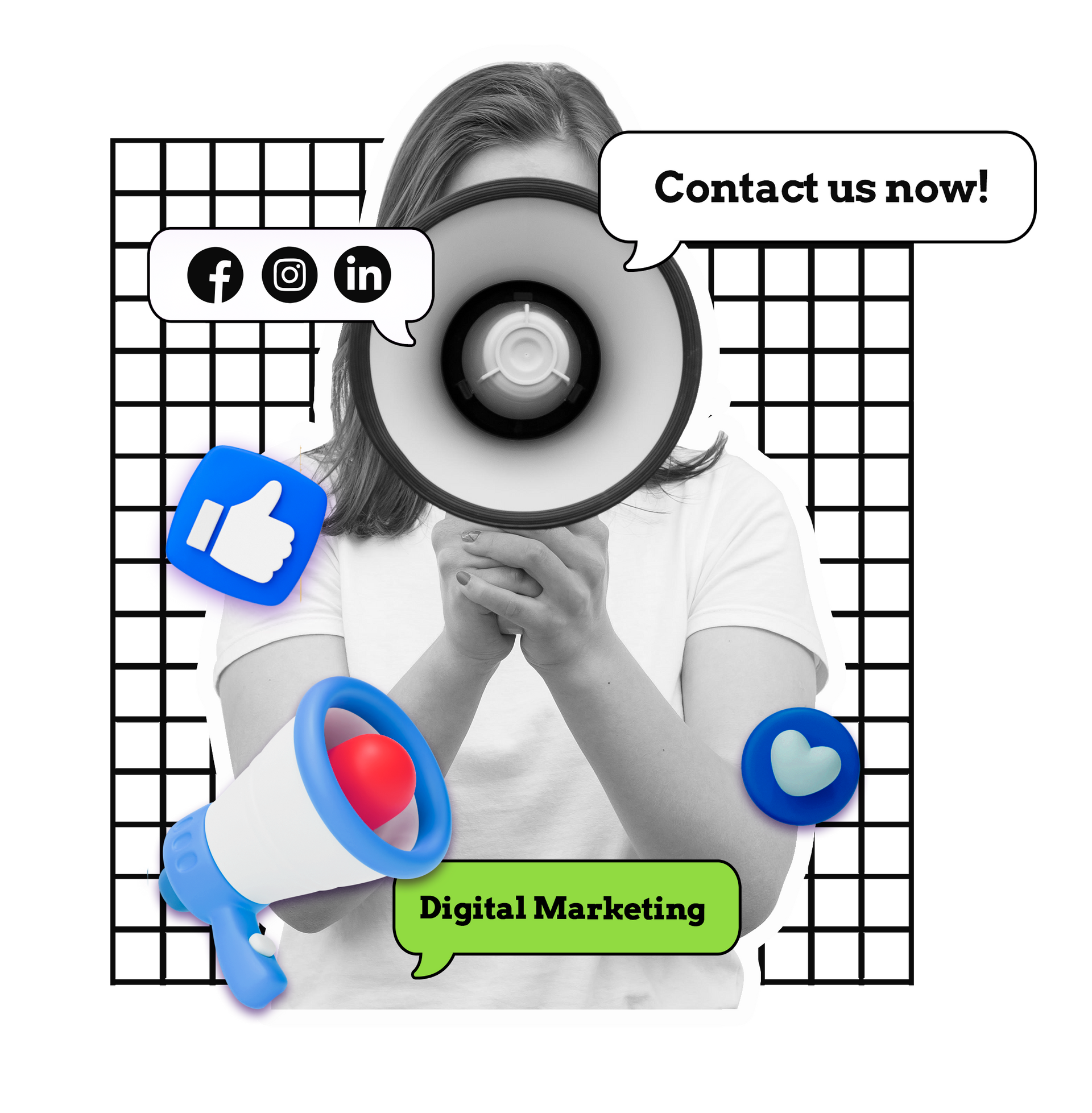 A woman is holding a megaphone in front of her face surrounded by social media icons.