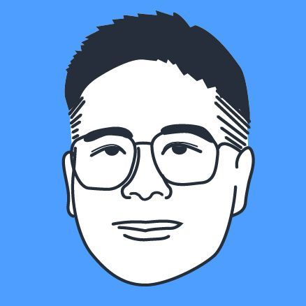 A black and white drawing of a man 's face with glasses on a blue background.