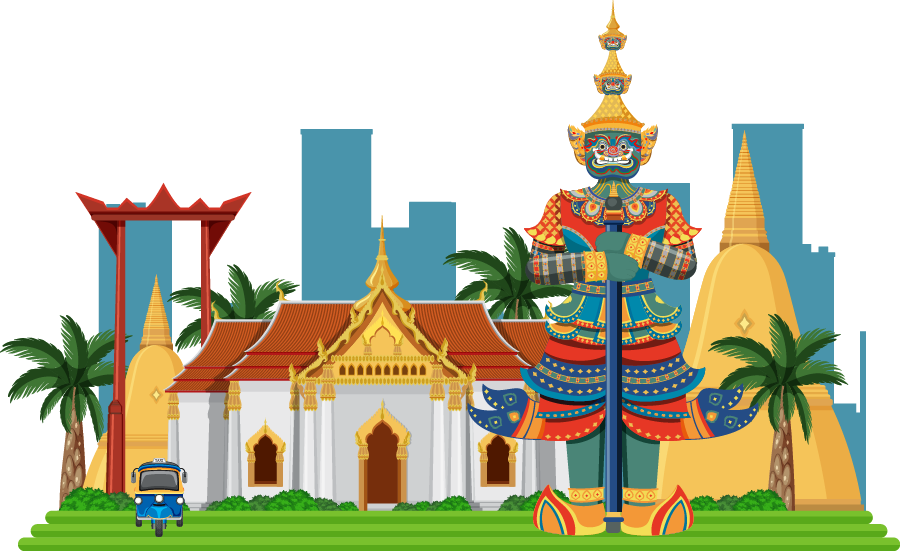 A cartoon illustration of a temple in thailand with a statue in front of it.