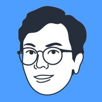 A black and white drawing of a man 's face with glasses on a blue background.