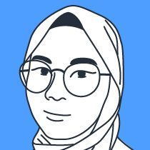 A black and white drawing of a woman wearing a hijab and glasses.