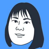 A drawing of a woman 's face with short hair on a blue background.
