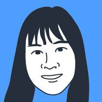 A drawing of a woman 's face with long black hair on a blue background.