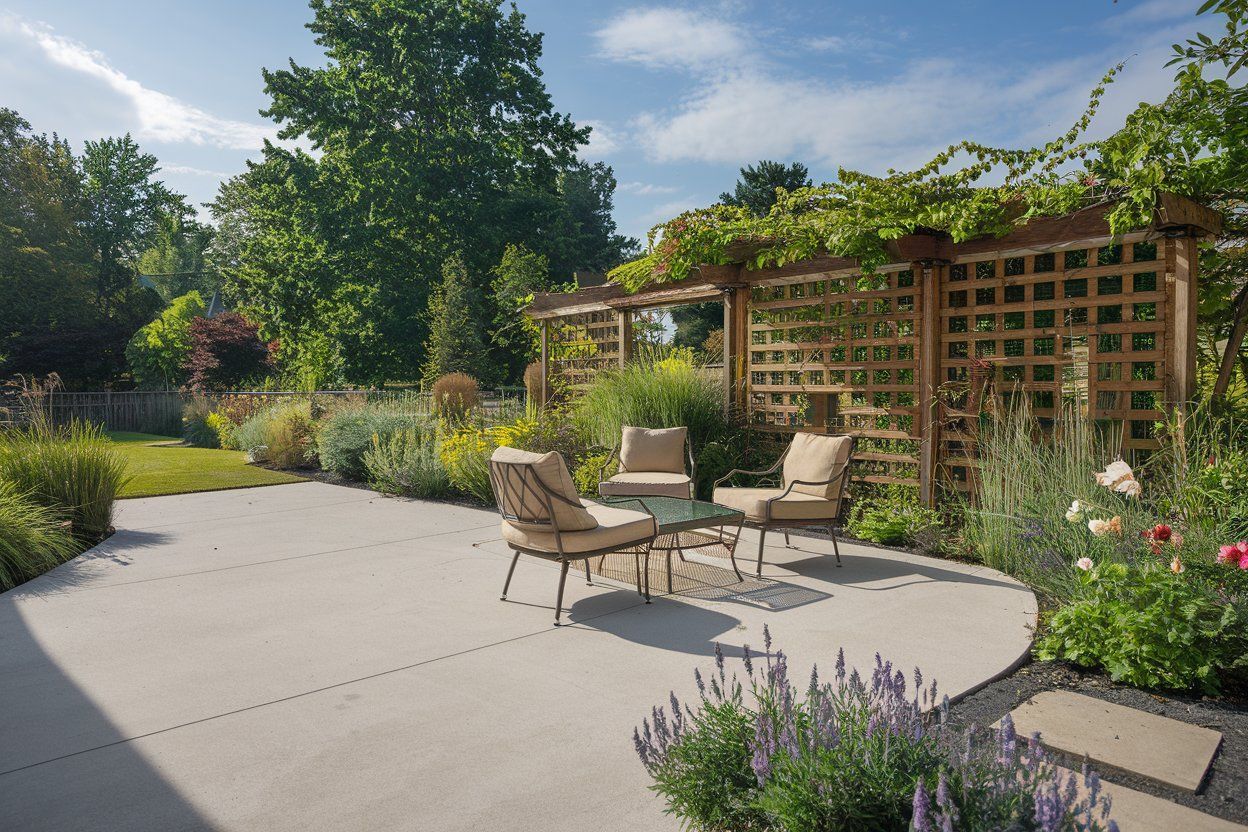 A patio with chairs and a table in a garden.