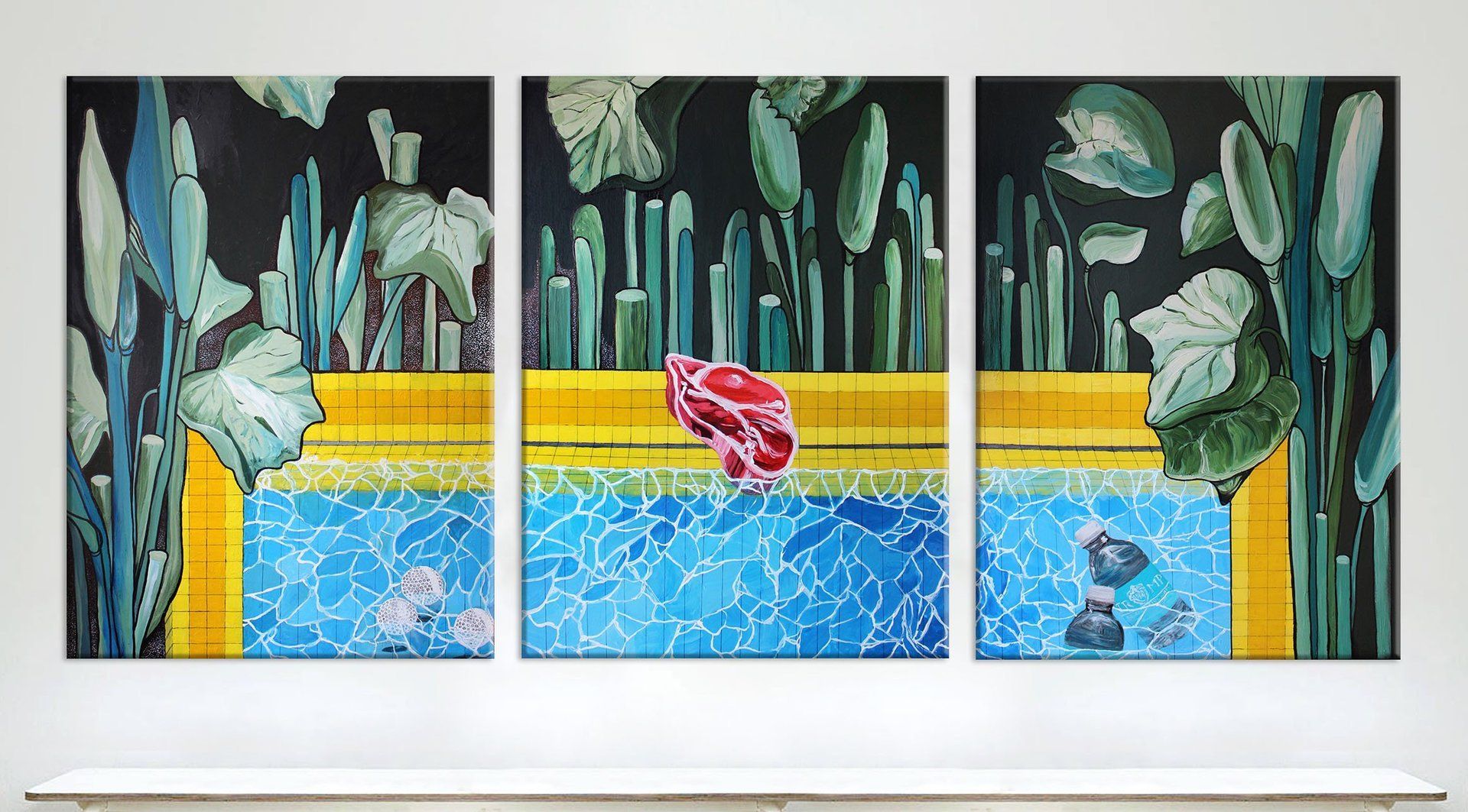 Trump Turnberry Natalia Lewandowska © Triptych painting @natalia.lewandowska.art @natalia.lew.andowska saatchi portfolio swimming pool water yellow kerb water bottle Trump Ice weeds black background yellow