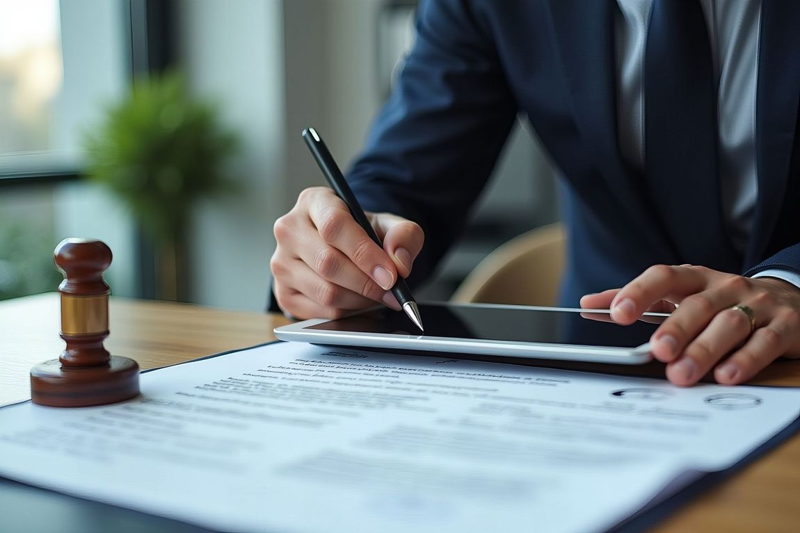 Person in suit signing document with pen, next to a gavel on a desk.