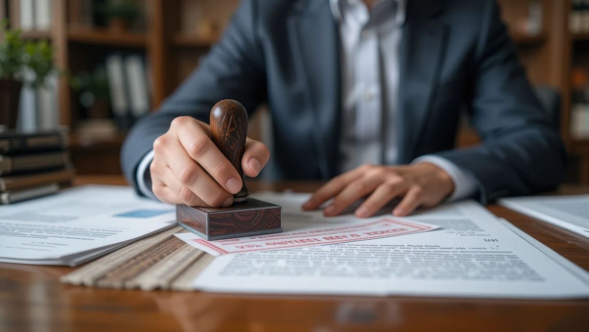 Person in a suit stamps a document with a wooden stamp, likely for official approval at a desk.