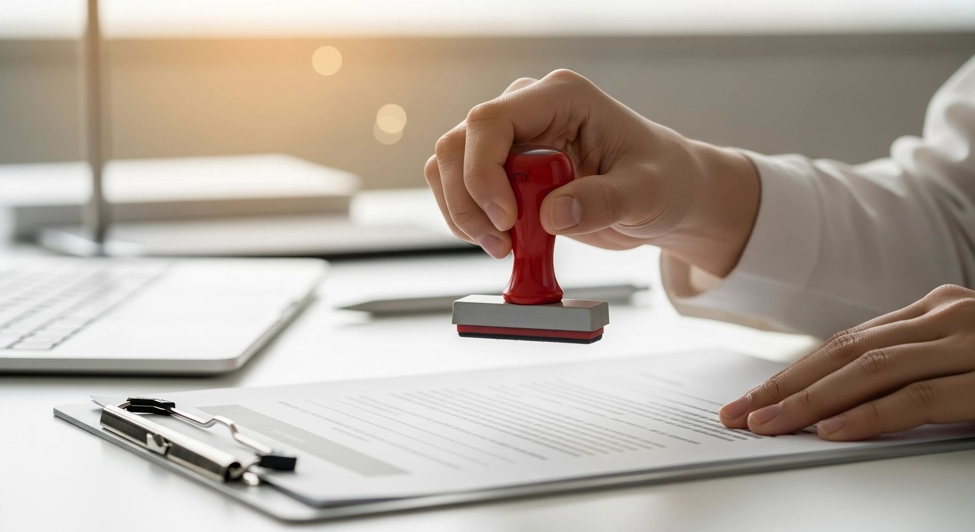 A person's hand stamps a document with a red stamp on a white desk with a laptop and pen.