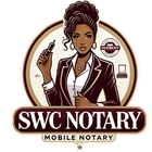Logo: Black woman notary in suit, holding pen, with 
