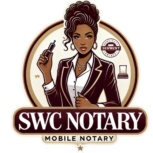 Logo: Black woman notary in suit, holding pen, with 