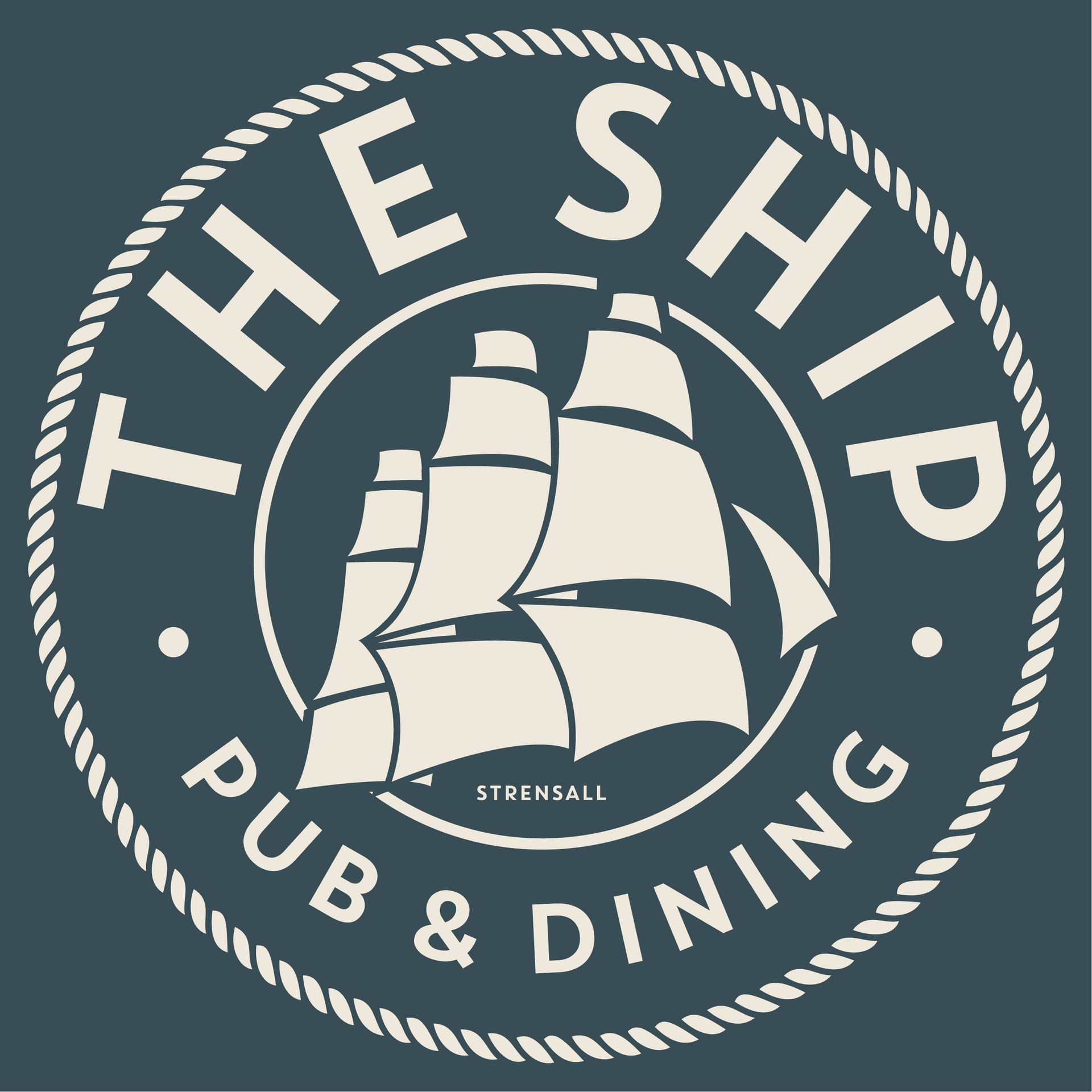 A logo for the ship pub and dining