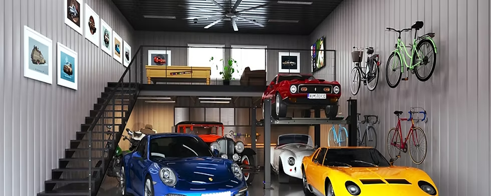 A car garage with multiple classic cars, a mezzanine level, bicycles, and artwork.