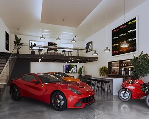 Luxurious garage with red Ferrari, bar, motorcycle, and upper-level seating.