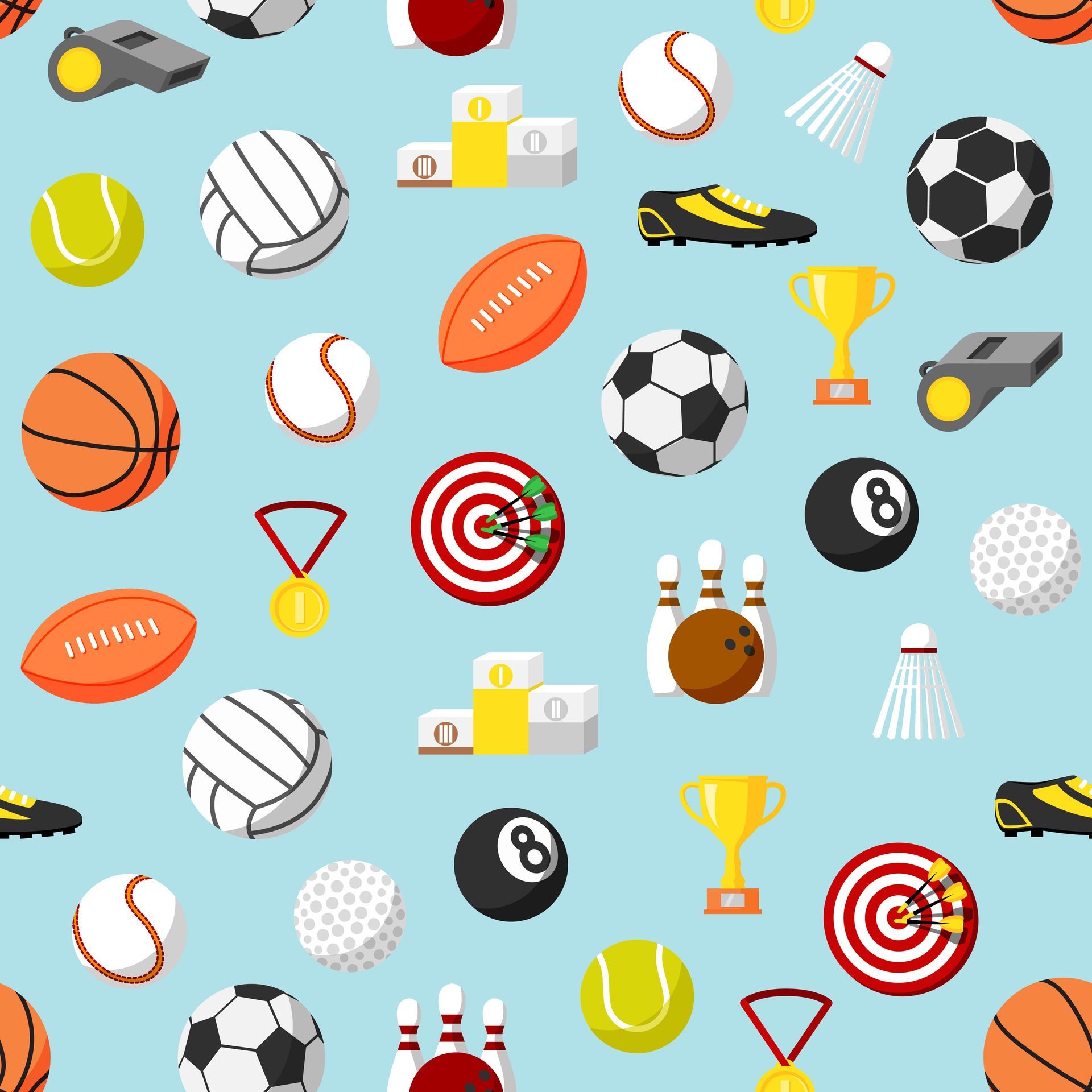 a seamless pattern of sports icons on a blue background