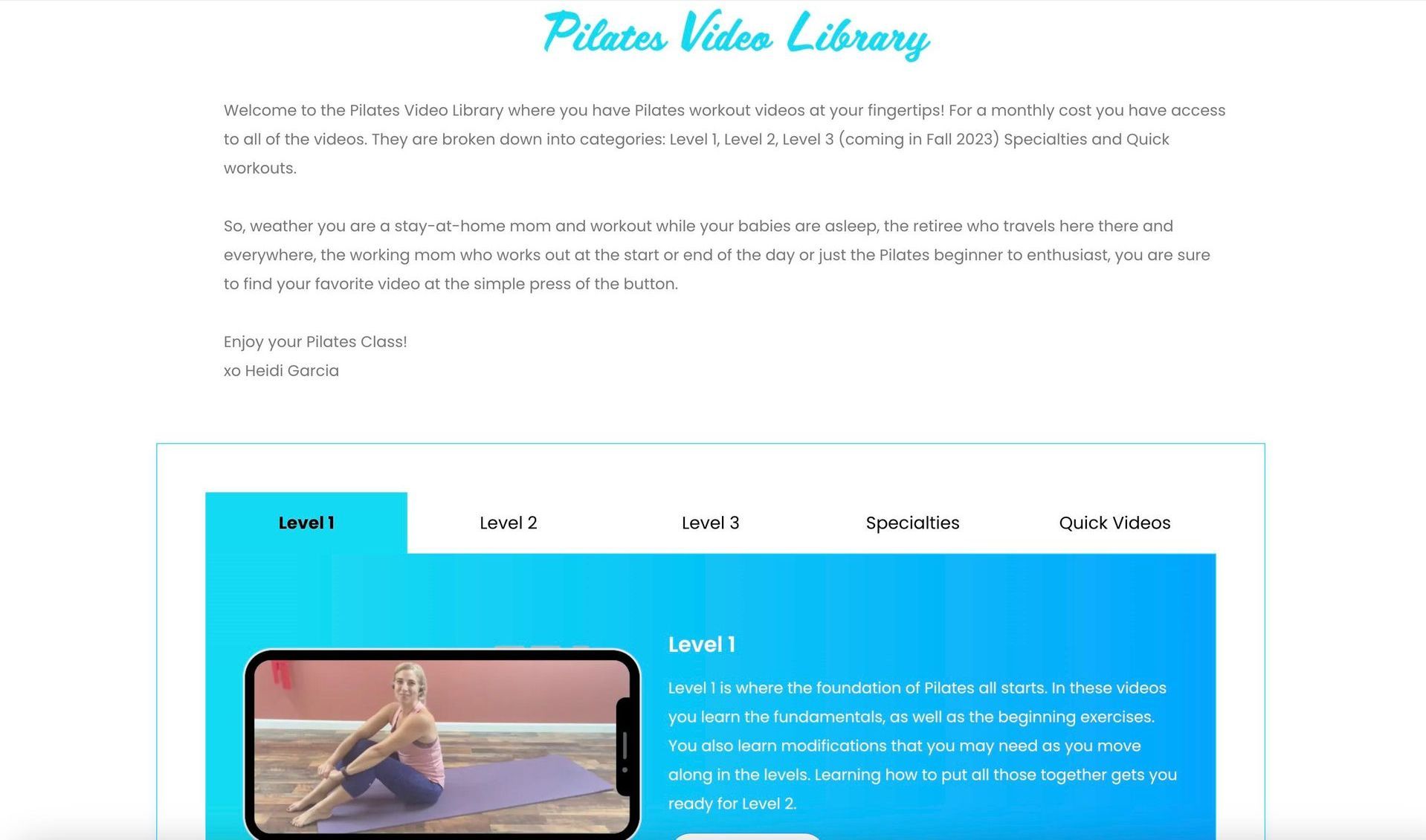 a screenshot of a website for pilates video library .
