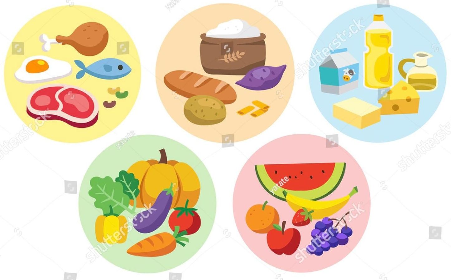 a set of icons of different types of food in circles .