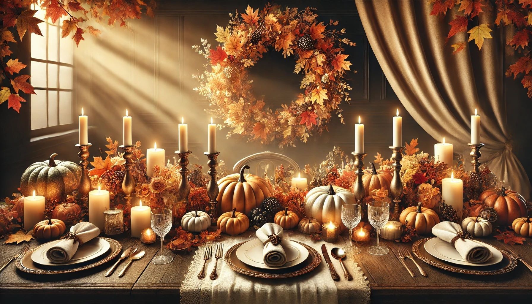 A table set for a thanksgiving dinner with pumpkins , candles , and a wreath.