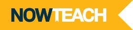 NOW TEACH logo in dark blue and white on a gold background with a white arrow pointing right.