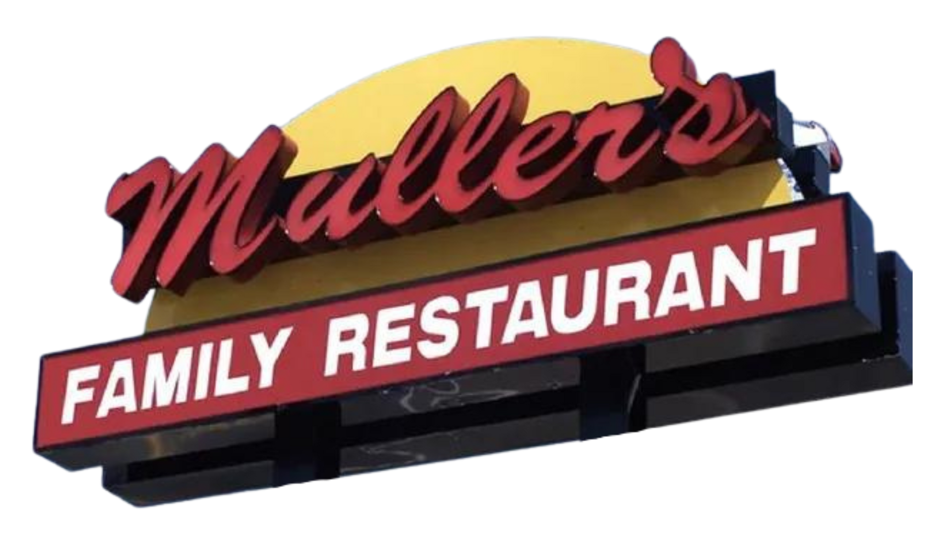 A sign for muller 's family restaurant against a white background near adventure sports