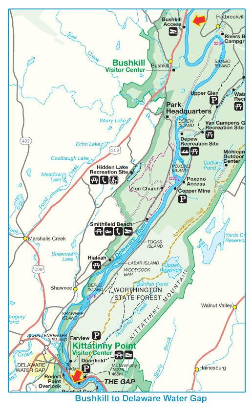 A map of bushkill to delaware water gap on the adventure sports website