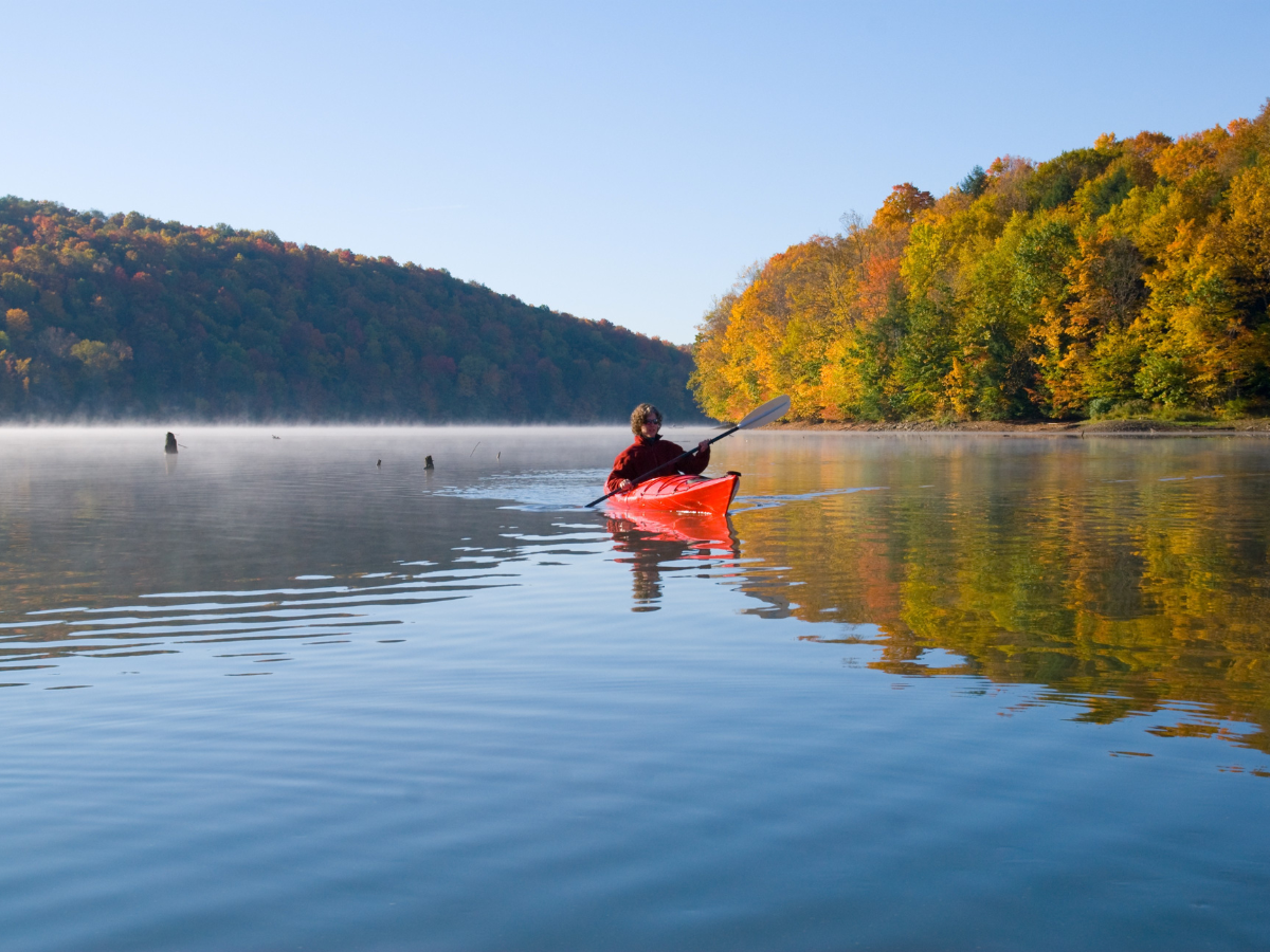 Person kayaking on a calm lake, with autumn foliage and clear sky.