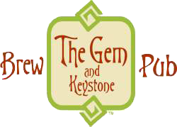 The logo for the brew the gem and keystone pub near adventure sports