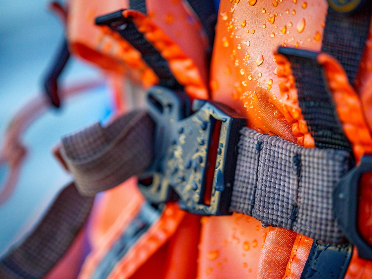 A close up of a life jacket with water drops on it.