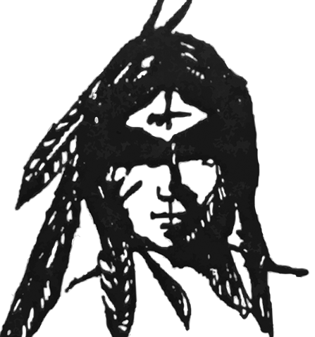 A black and white drawing of a native american with feathers on his head near adventure sports