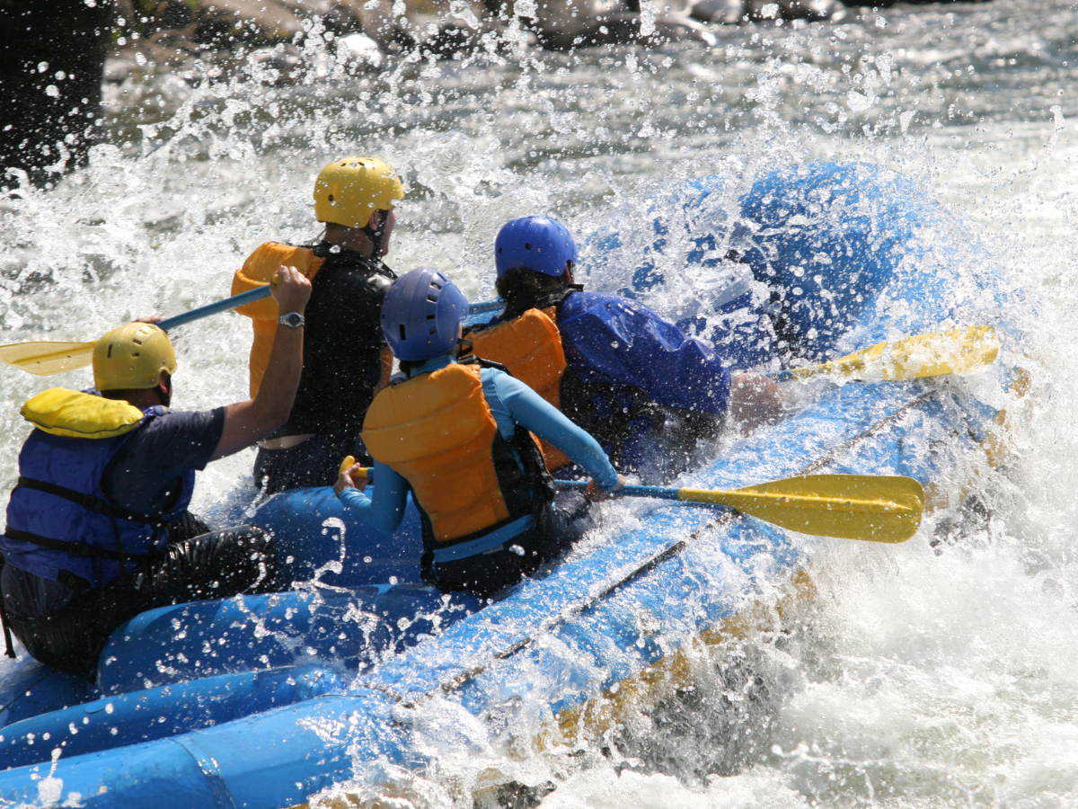 A group of people are rafting down a river.