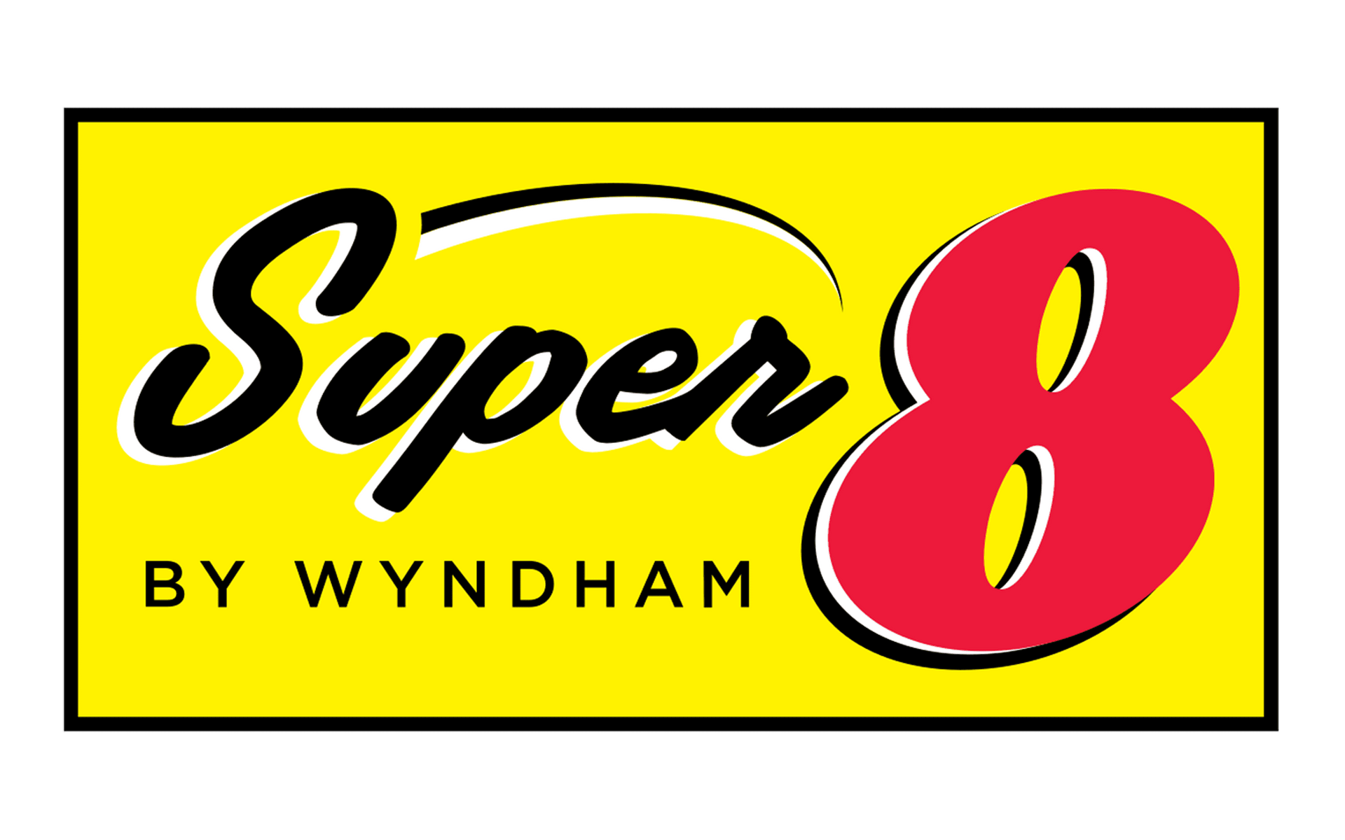 A yellow and red logo for super 8 by wyndham near adventure sports