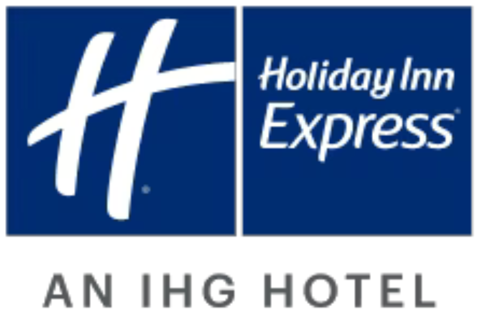 A blue and white logo for holiday inn express an ihg hotel near adventure sports