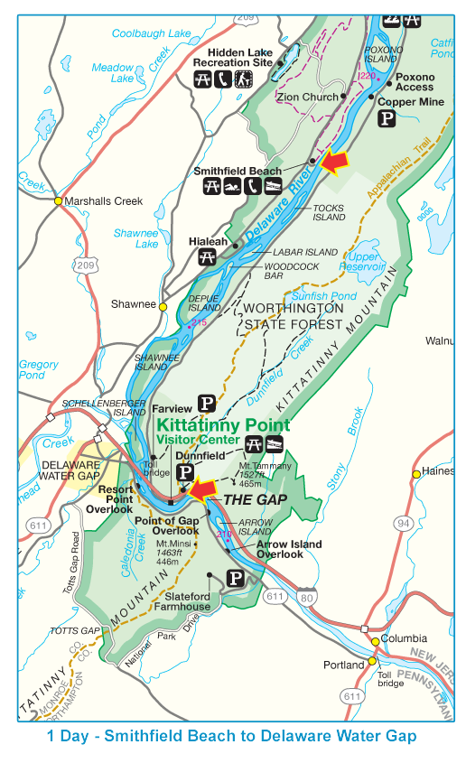 A map of smithfield beach to delaware water gap on the adventure sports website