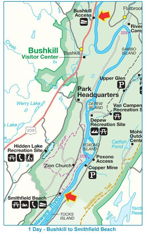 A map showing bushkill visitor center and park headquarters on the adventure sports website