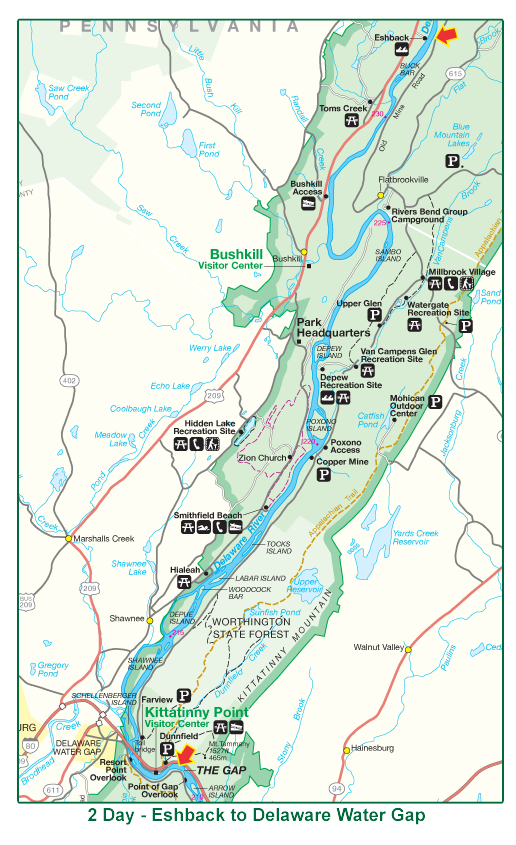 A map of Eshback to Delaware water gap near Adventure Sports