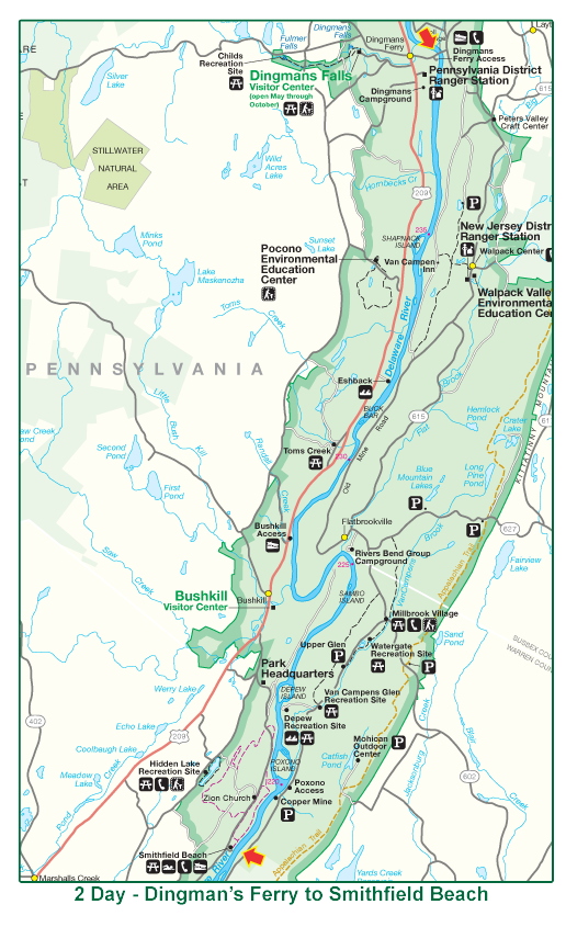 A map of dingmans ferry to smithfield beach on the adventure sports website 