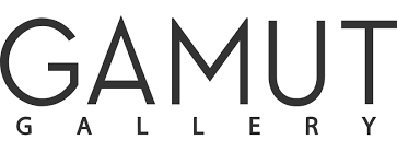 The logo for gamut gallery is black and white near adventure sports