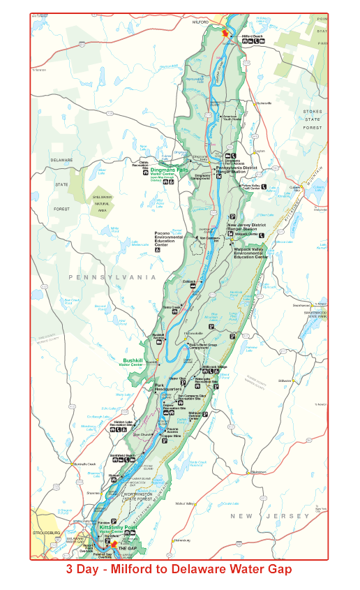 A map from Milford to Delaware Water Gap near Adventure Sports.