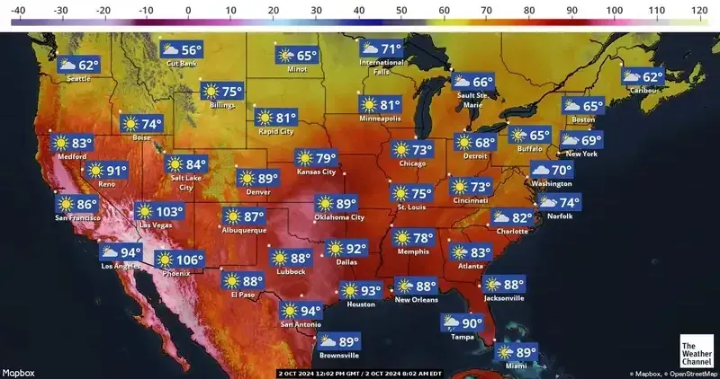 A map of the united states showing the weather forecast