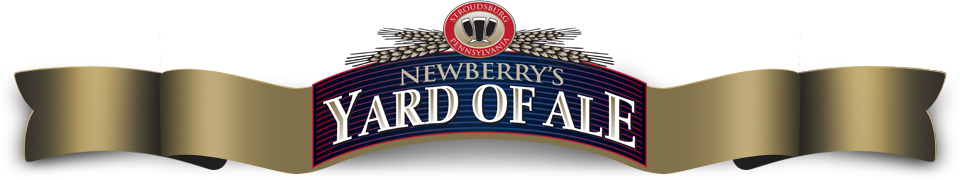 A logo for newberry 's yard of ale with a gold ribbon near adventure sports