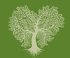 Sagoma di albero verde con chioma a forma di cuore su sfondo verde.