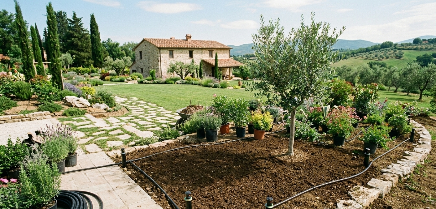 Un giardino rigoglioso con una casa in pietra sullo sfondo. Erba verde, alberi e sentieri in pietra.
