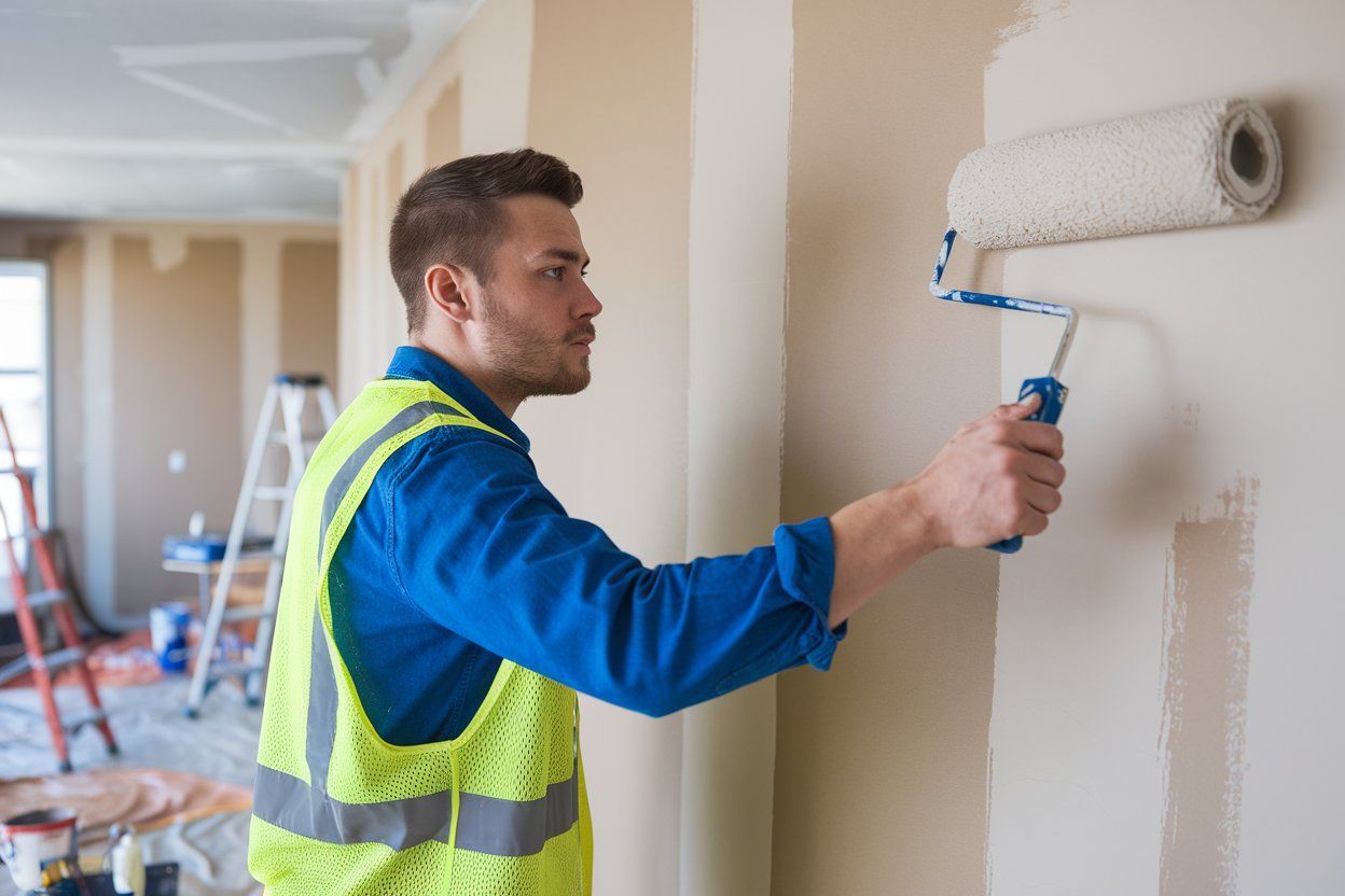 A man is painting a wall with a brush.